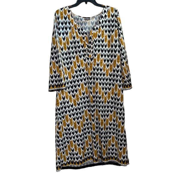 •HAANI•NWT WOMENS IVORY, BLACK & GOLD BOHO TRIBAL ARROW PRINT MIDI DRESS SIZE 2X - Picture 2 of 9
